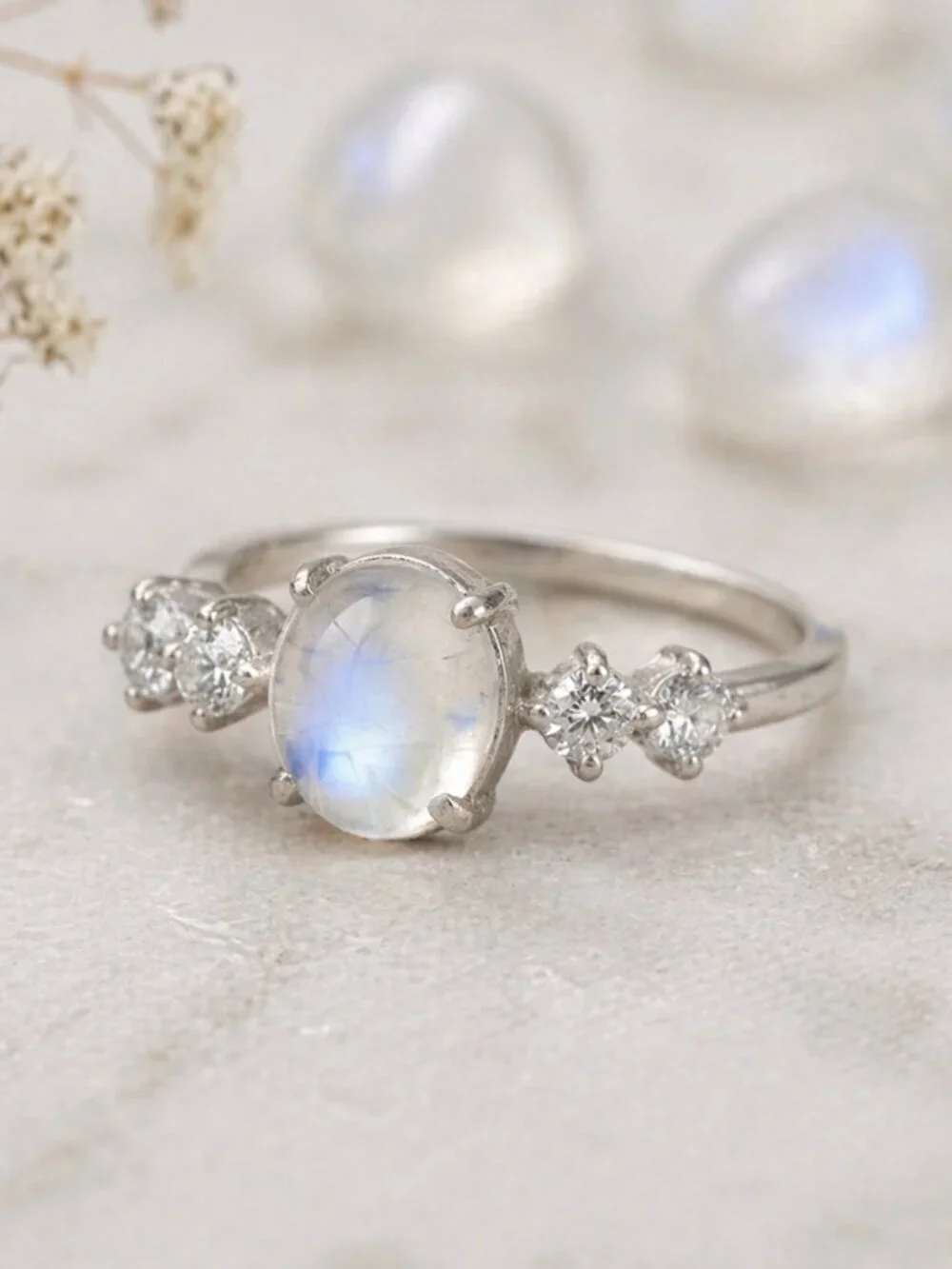 Celestial Dainty 925 Silver Genuine Moonstone CZ Minimalist Ring Size 6